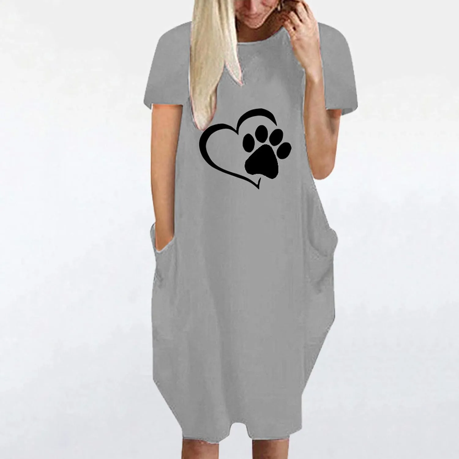 Dog Mom T Shirt Dress Women Dog Paw Heart Print Shift Dresses Plus Size Short Sleeve Loose Pocketed Beach Dress