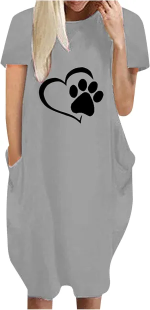Dog Mom T Shirt Dress Women Dog Paw Heart Print Shift Dresses Plus Size Short Sleeve Loose Pocketed Beach Dress