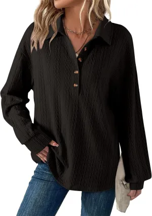 Dokotoo Long Sleeve Shirts for Women Button Cable Knit Womens Tops 2024 Casual Polo Shirts Fall Tops