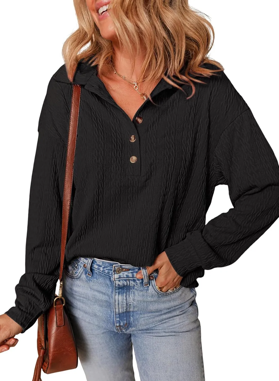 Dokotoo Long Sleeve Shirts for Women Button Cable Knit Womens Tops 2024 Casual Polo Shirts Fall Tops