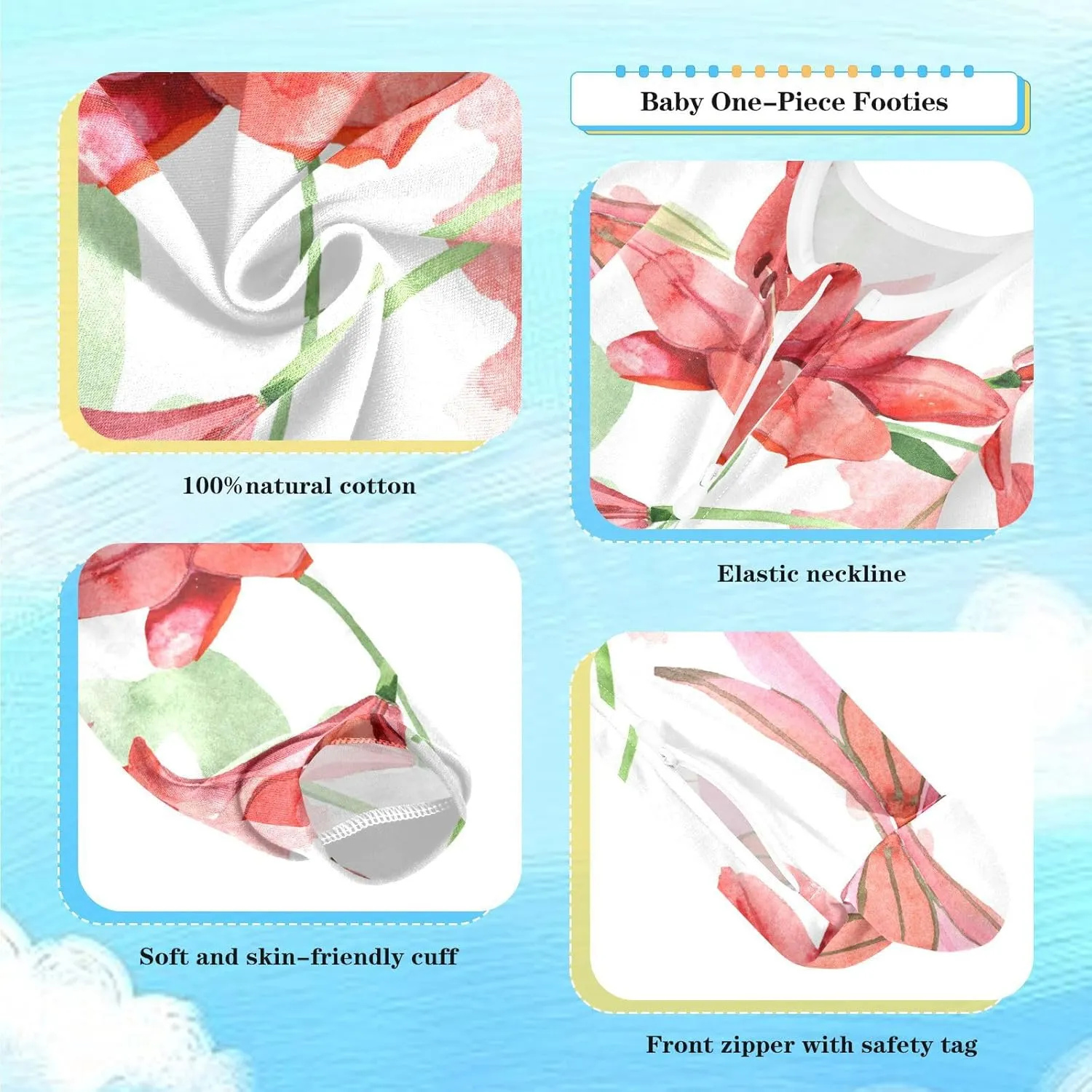 Dussdil Red Lily Flowers Baby One-Piece Footies Boys Girls Newborn Rompers Pajamas Cotton Footed Pjs Sleep Play