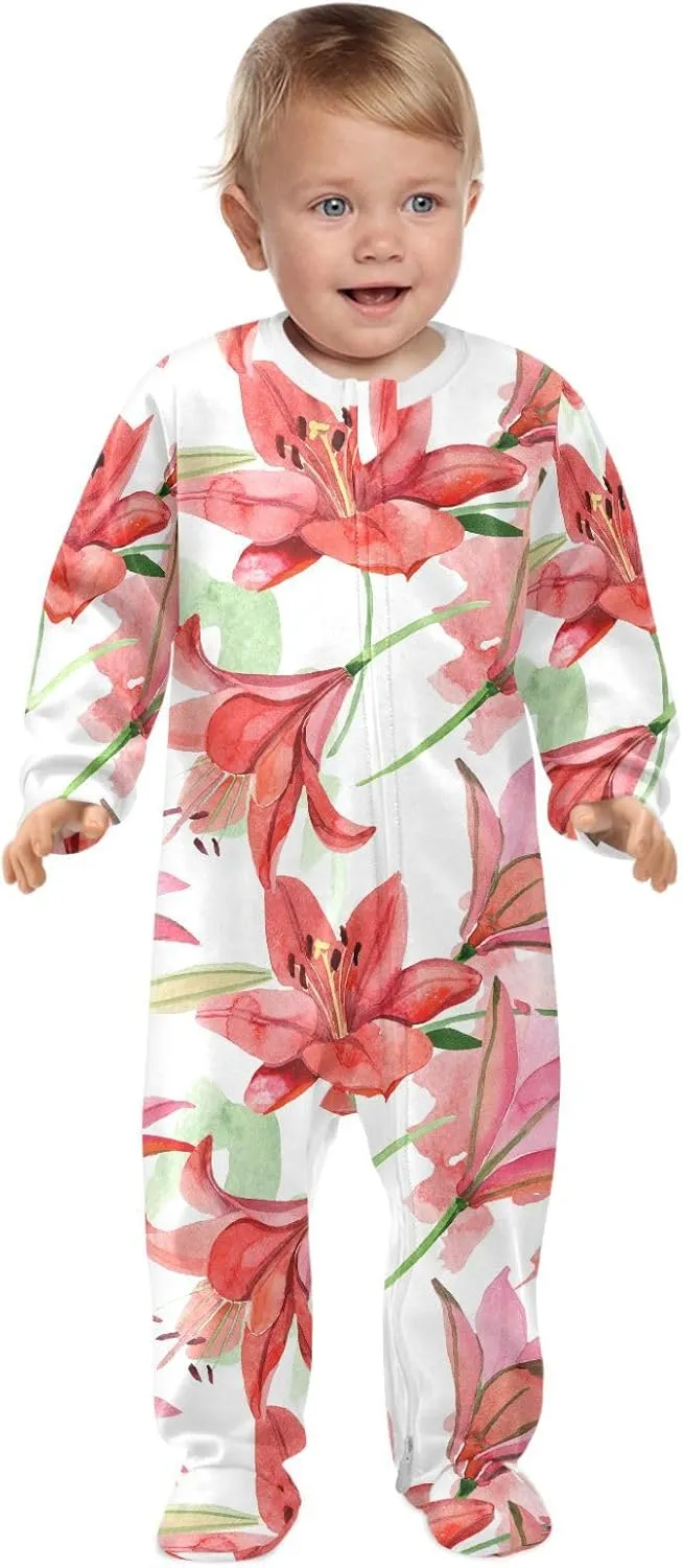 Dussdil Red Lily Flowers Baby One-Piece Footies Boys Girls Newborn Rompers Pajamas Cotton Footed Pjs Sleep Play