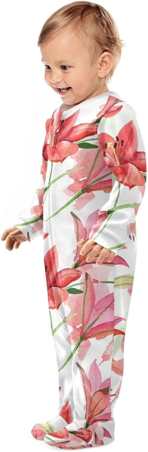 Dussdil Red Lily Flowers Baby One-Piece Footies Boys Girls Newborn Rompers Pajamas Cotton Footed Pjs Sleep Play
