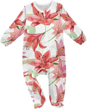 Dussdil Red Lily Flowers Baby One-Piece Footies Boys Girls Newborn Rompers Pajamas Cotton Footed Pjs Sleep Play
