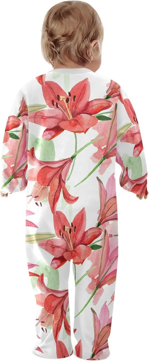 Dussdil Red Lily Flowers Baby One-Piece Footies Boys Girls Newborn Rompers Pajamas Cotton Footed Pjs Sleep Play