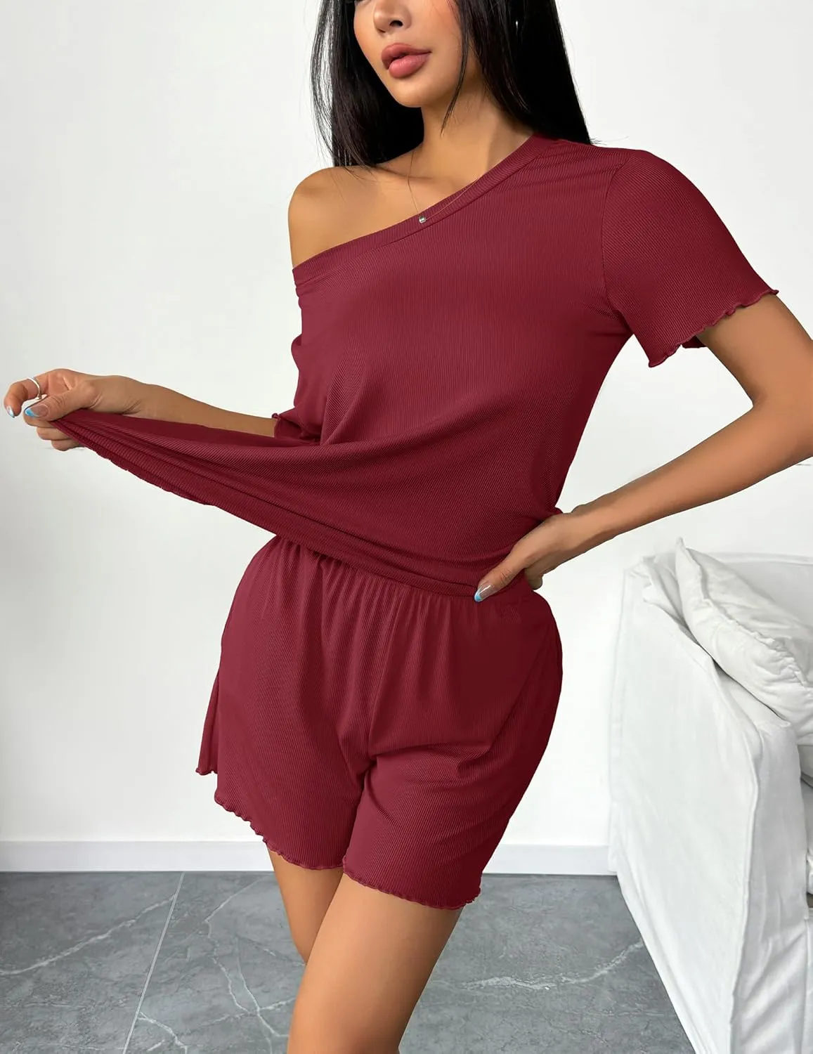 Ekouaer 2 Packs Womens Short Sleeve Pajama Set Soft Sleepwear Casual Top and Shorts Pjs Outfits Lounge Set with Pockets