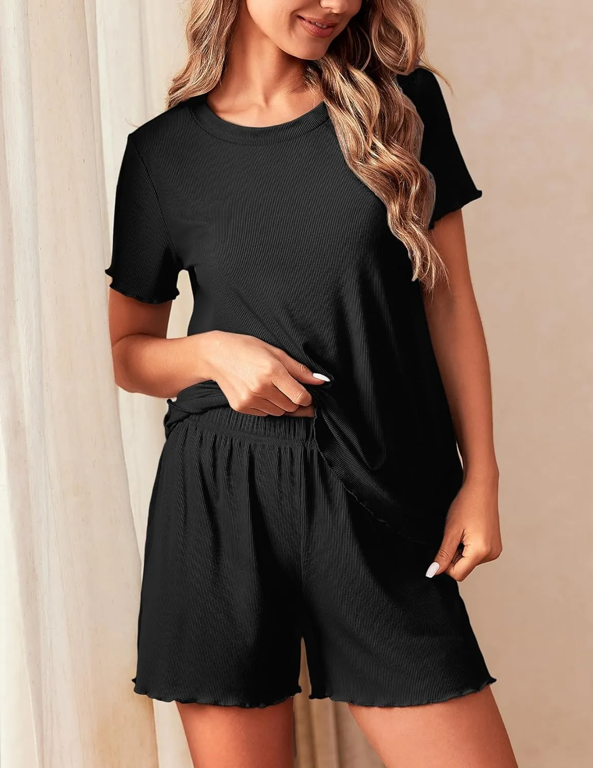 Ekouaer 2 Packs Womens Short Sleeve Pajama Set Soft Sleepwear Casual Top and Shorts Pjs Outfits Lounge Set with Pockets