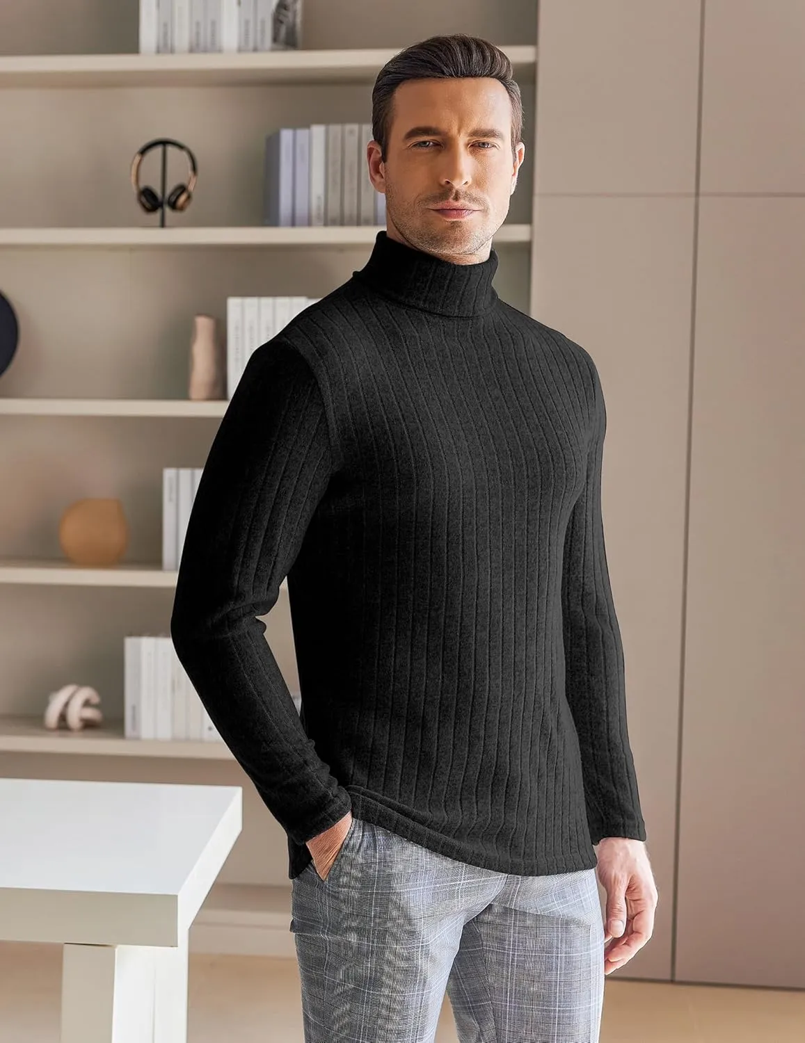 Ekouaer Men Turtleneck Shirts Lightweight Long Sleeve T Shirt Ribbed Thermal Tops Baselayer Pullover S-XXL