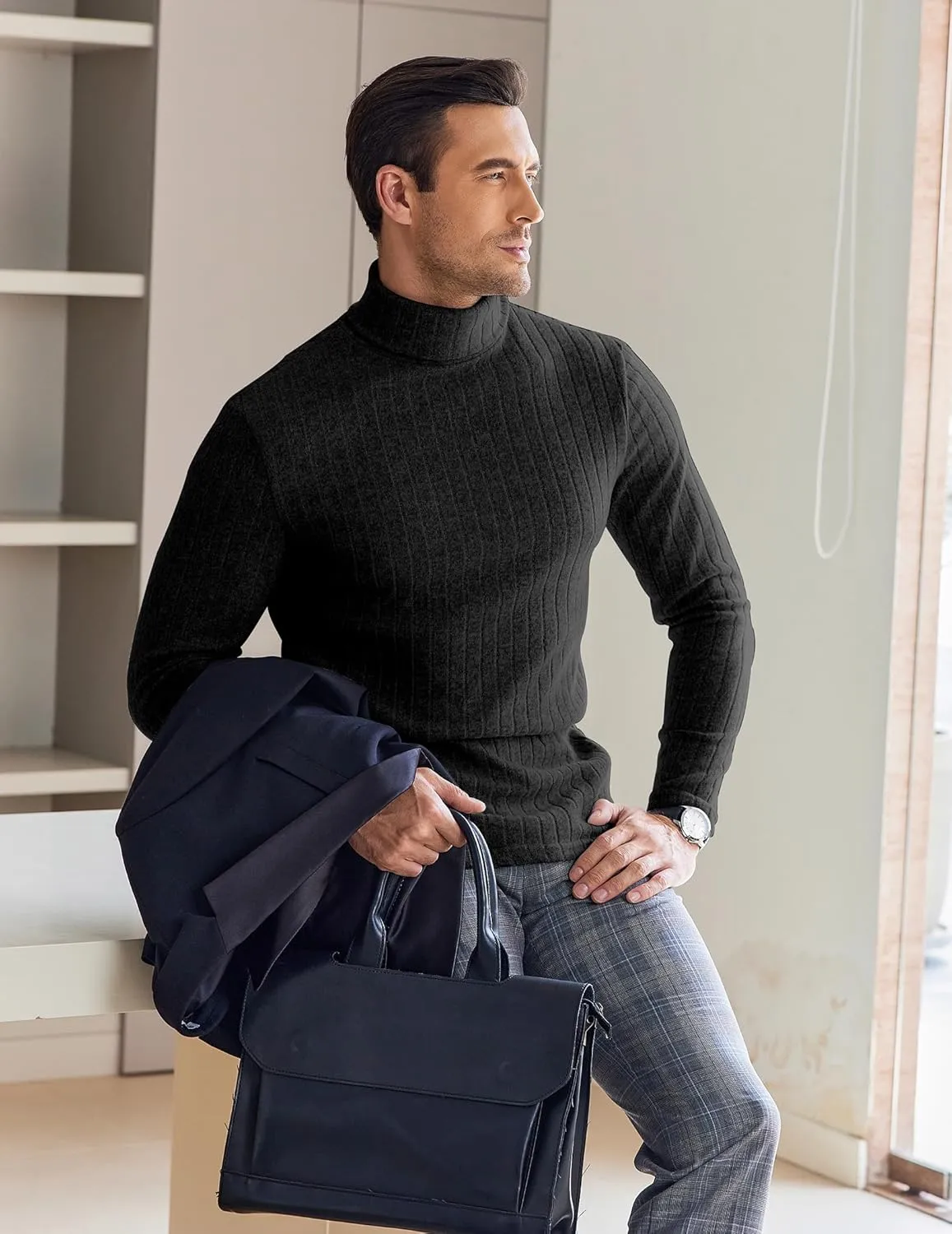 Ekouaer Men Turtleneck Shirts Lightweight Long Sleeve T Shirt Ribbed Thermal Tops Baselayer Pullover S-XXL