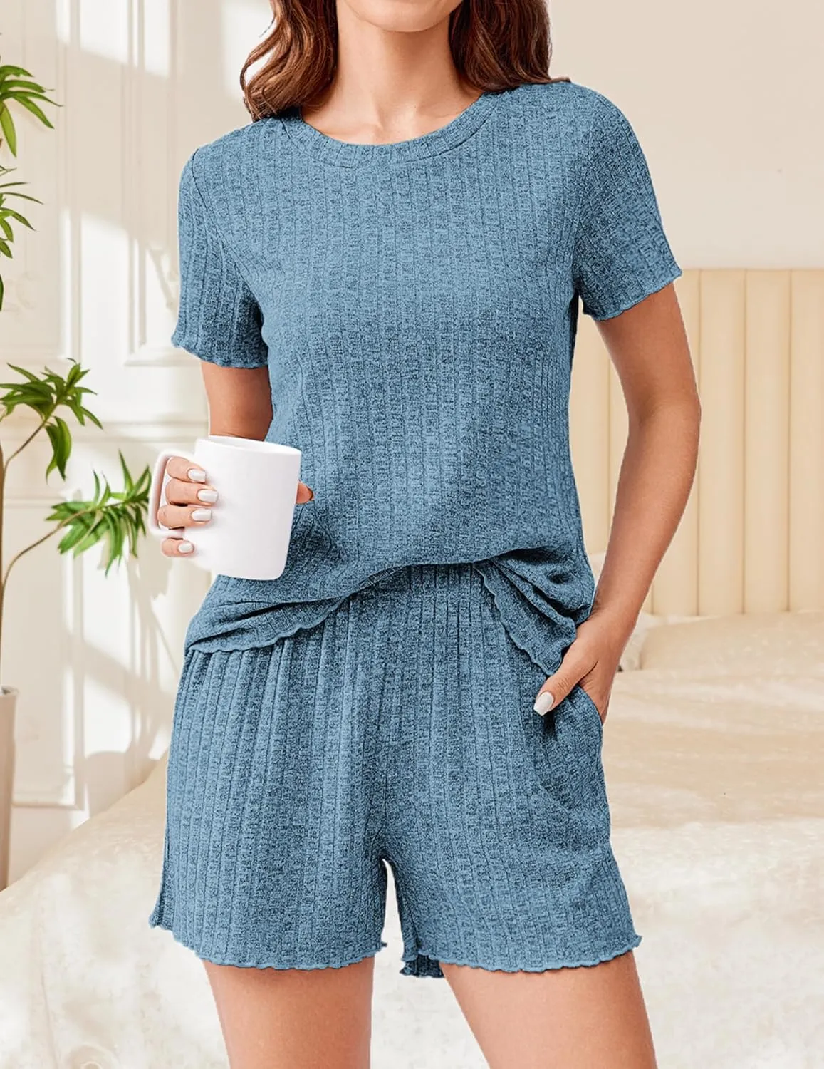 Ekouaer Pajamas Sets for Women Ribbed Knit Sleepwear Set Soft Short Sleeve Pjs with Pockets Casual Lounge Sets with Pockets