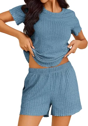 Ekouaer Pajamas Sets for Women Ribbed Knit Sleepwear Set Soft Short Sleeve Pjs with Pockets Casual Lounge Sets with Pockets