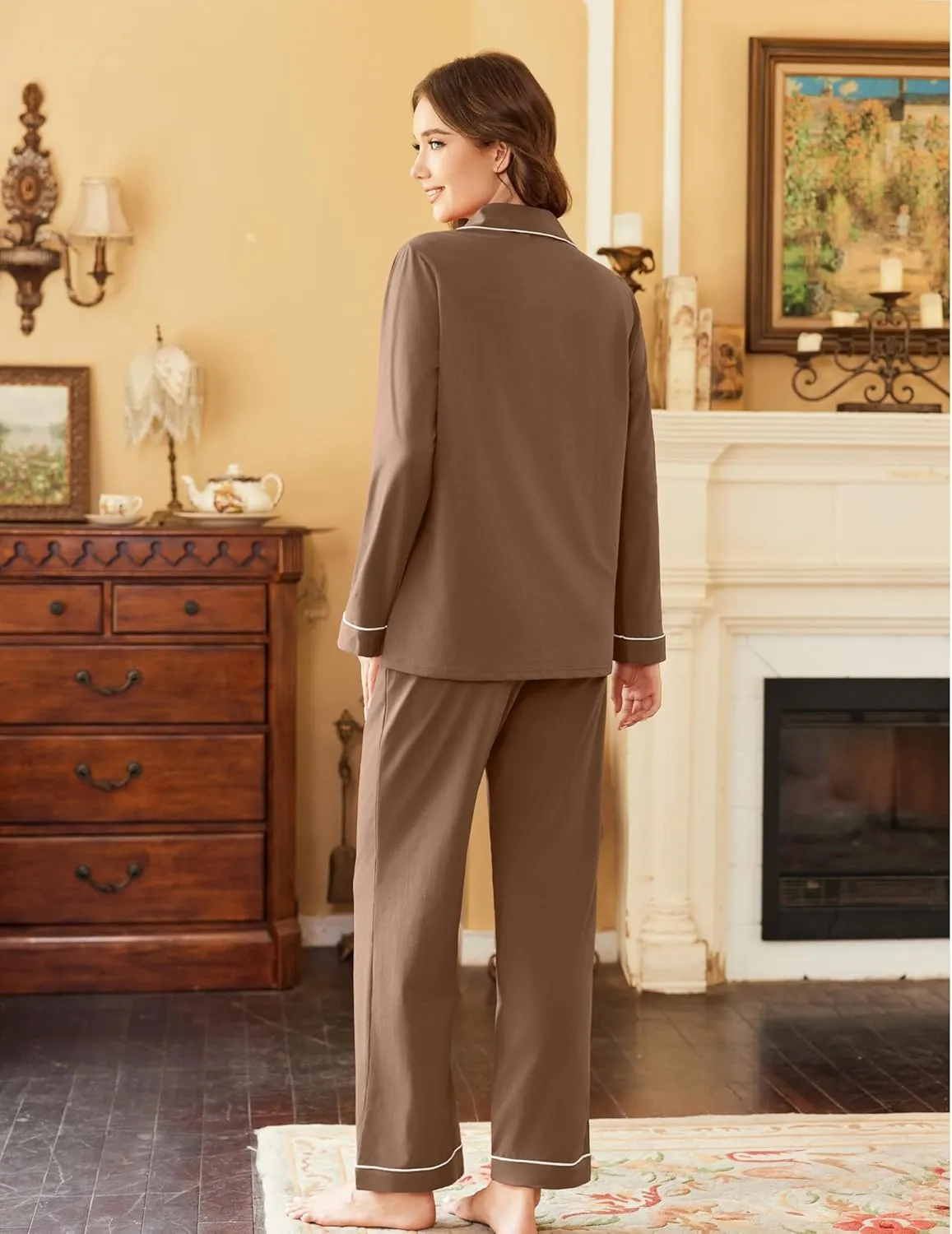 Ekouaer Womens Pajamas Set Cotton Long Sleeve Button Down Sleepwear Top and Long Pants Set Soft 2 Piece Pjs Lounge Set S-XXL