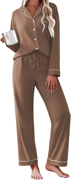 Ekouaer Womens Pajamas Set Cotton Long Sleeve Button Down Sleepwear Top and Long Pants Set Soft 2 Piece Pjs Lounge Set S-XXL