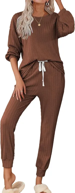 Ekouaer Womens Pajamas Set Ribbed Knit Long Sleeve Pullover Top Jogger Pants Set 2 Piece Lounge Set Sleepwear Tracksuit S-XXL