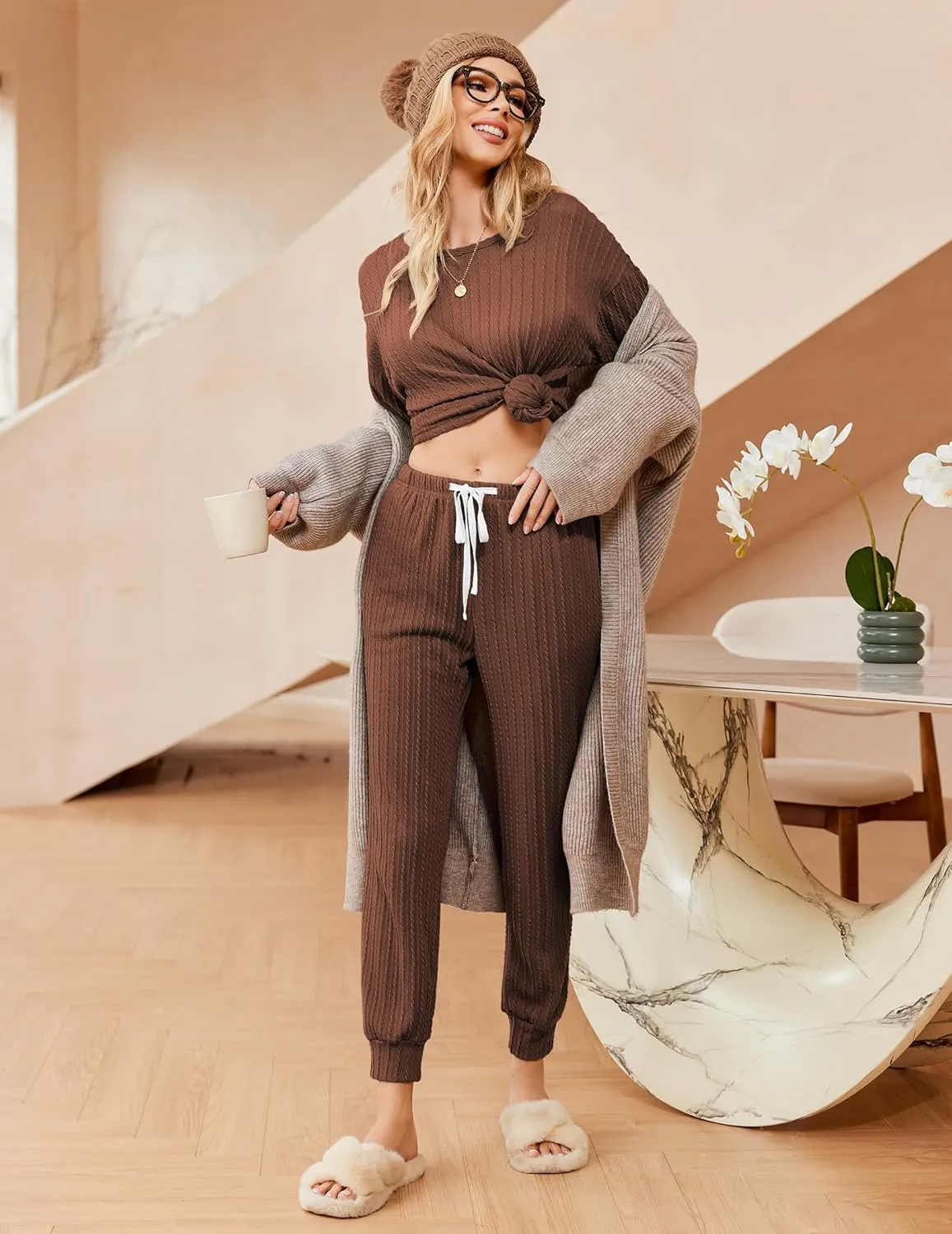 Ekouaer Womens Pajamas Set Ribbed Knit Long Sleeve Pullover Top Jogger Pants Set 2 Piece Lounge Set Sleepwear Tracksuit S-XXL