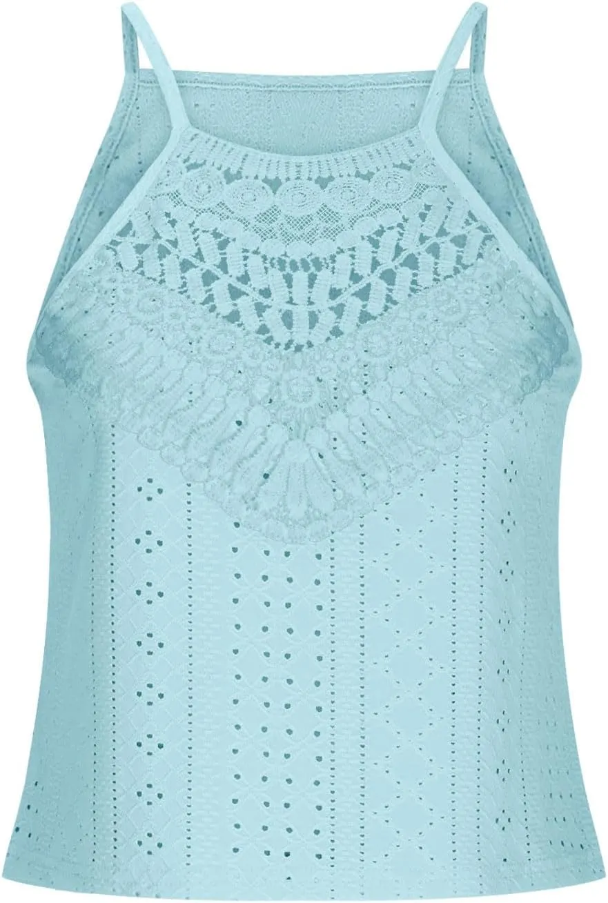 Eyelet Camisole for Women Lace Splicing Spaghetti Strap Tank Tops Sleeveless Blouses Loose Fit Going Out Tops