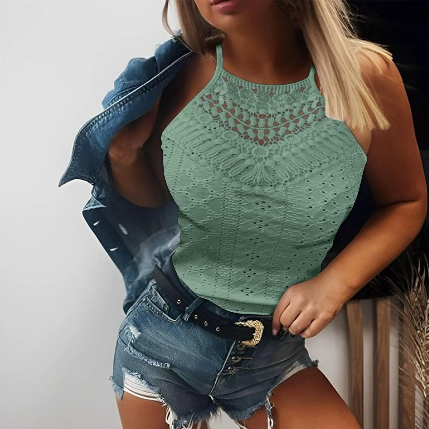 Eyelet Camisole for Women Lace Splicing Spaghetti Strap Tank Tops Sleeveless Blouses Loose Fit Going Out Tops