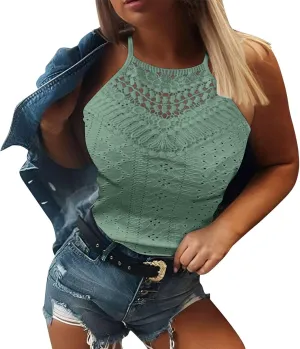 Eyelet Camisole for Women Lace Splicing Spaghetti Strap Tank Tops Sleeveless Blouses Loose Fit Going Out Tops