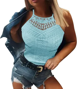 Eyelet Camisole for Women Lace Splicing Spaghetti Strap Tank Tops Sleeveless Blouses Loose Fit Going Out Tops