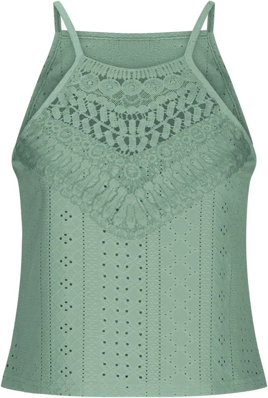 Eyelet Camisole for Women Lace Splicing Spaghetti Strap Tank Tops Sleeveless Blouses Loose Fit Going Out Tops