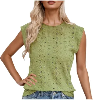 Eyelet Embroidery Shirts for Women Summer Crew Neck Cap Sleeve Tank Tops Casual Fashion Basic Beach Vacation Blouses
