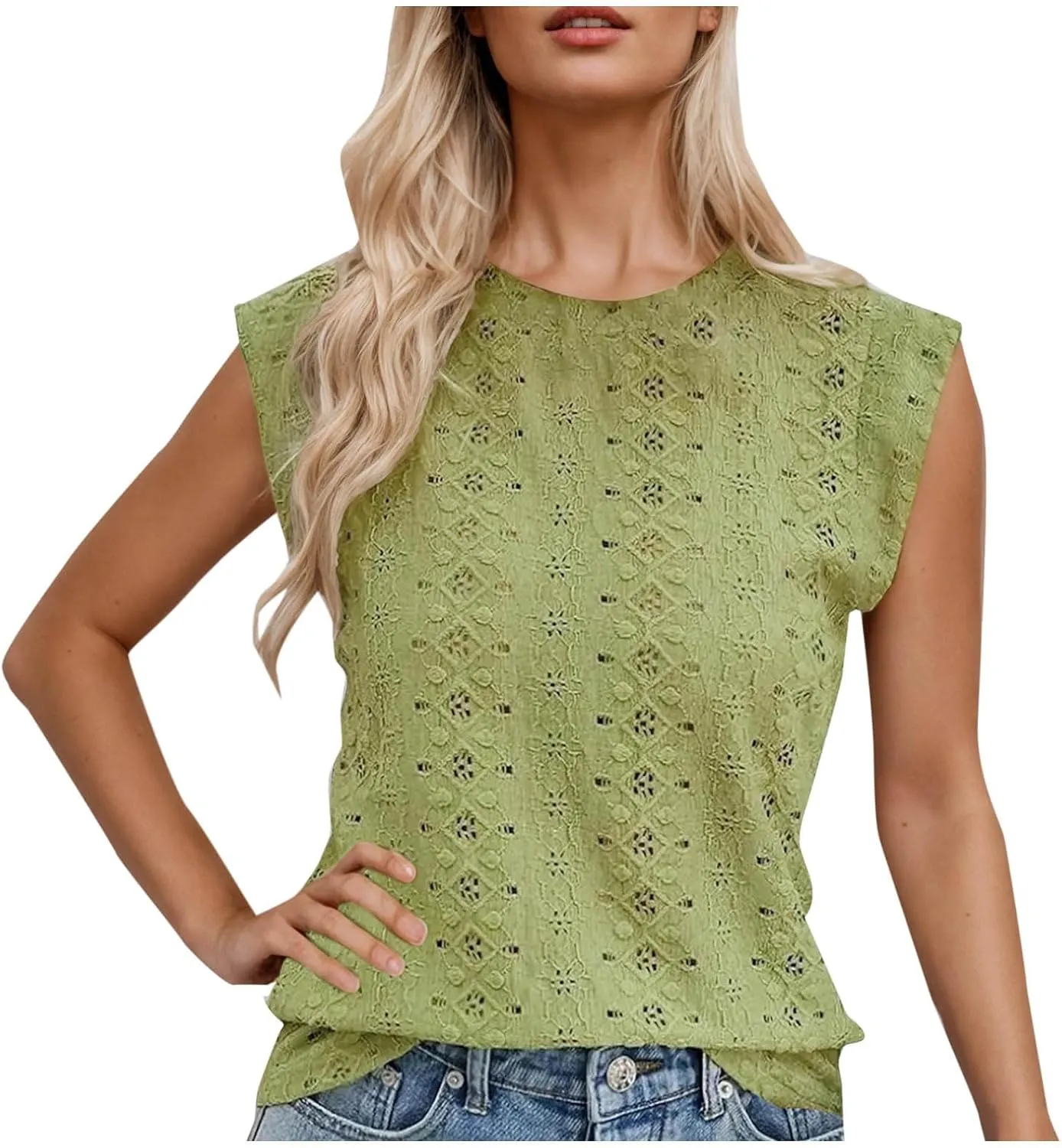 Eyelet Embroidery Shirts for Women Summer Crew Neck Cap Sleeve Tank Tops Casual Fashion Basic Beach Vacation Blouses