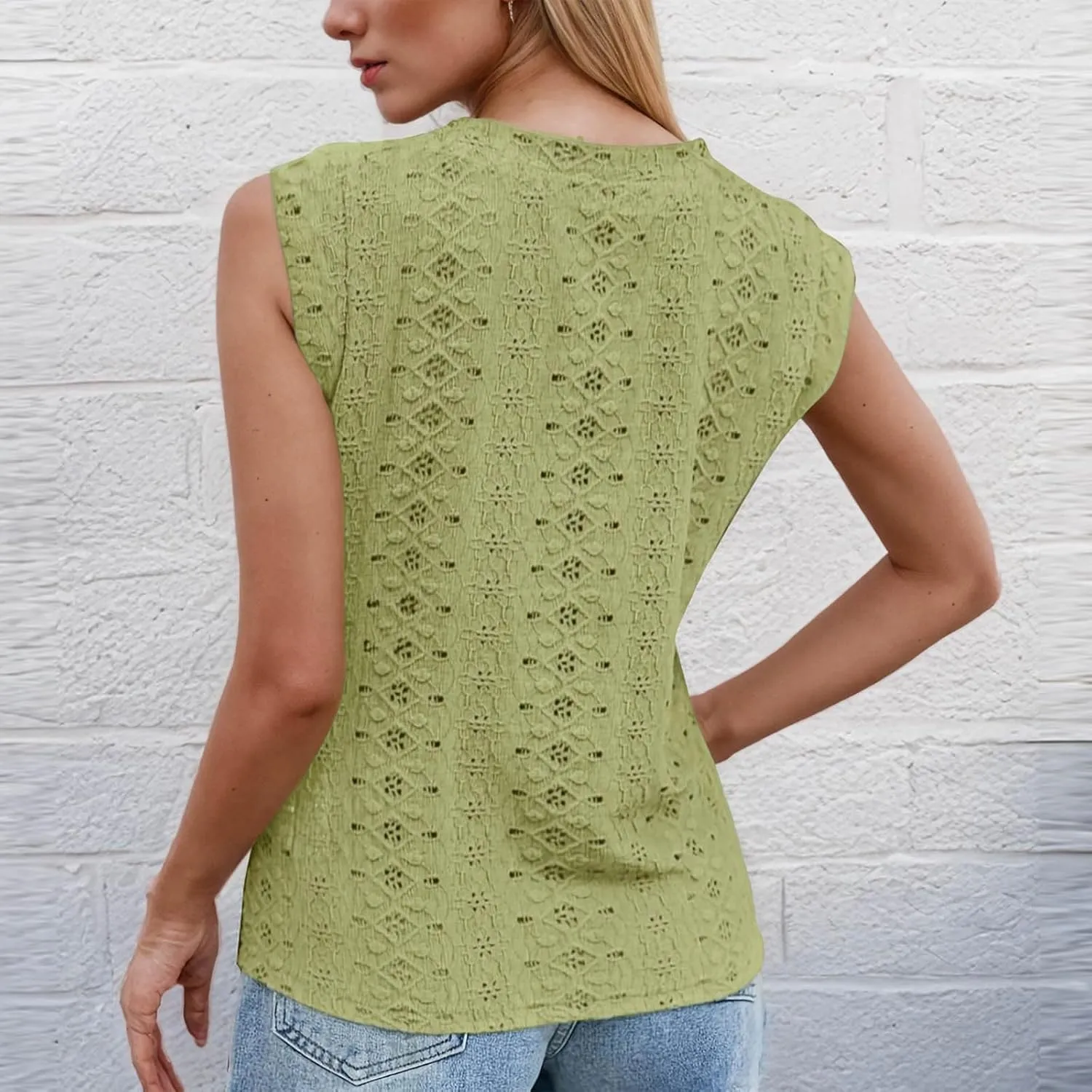 Eyelet Embroidery Shirts for Women Summer Crew Neck Cap Sleeve Tank Tops Casual Fashion Basic Beach Vacation Blouses