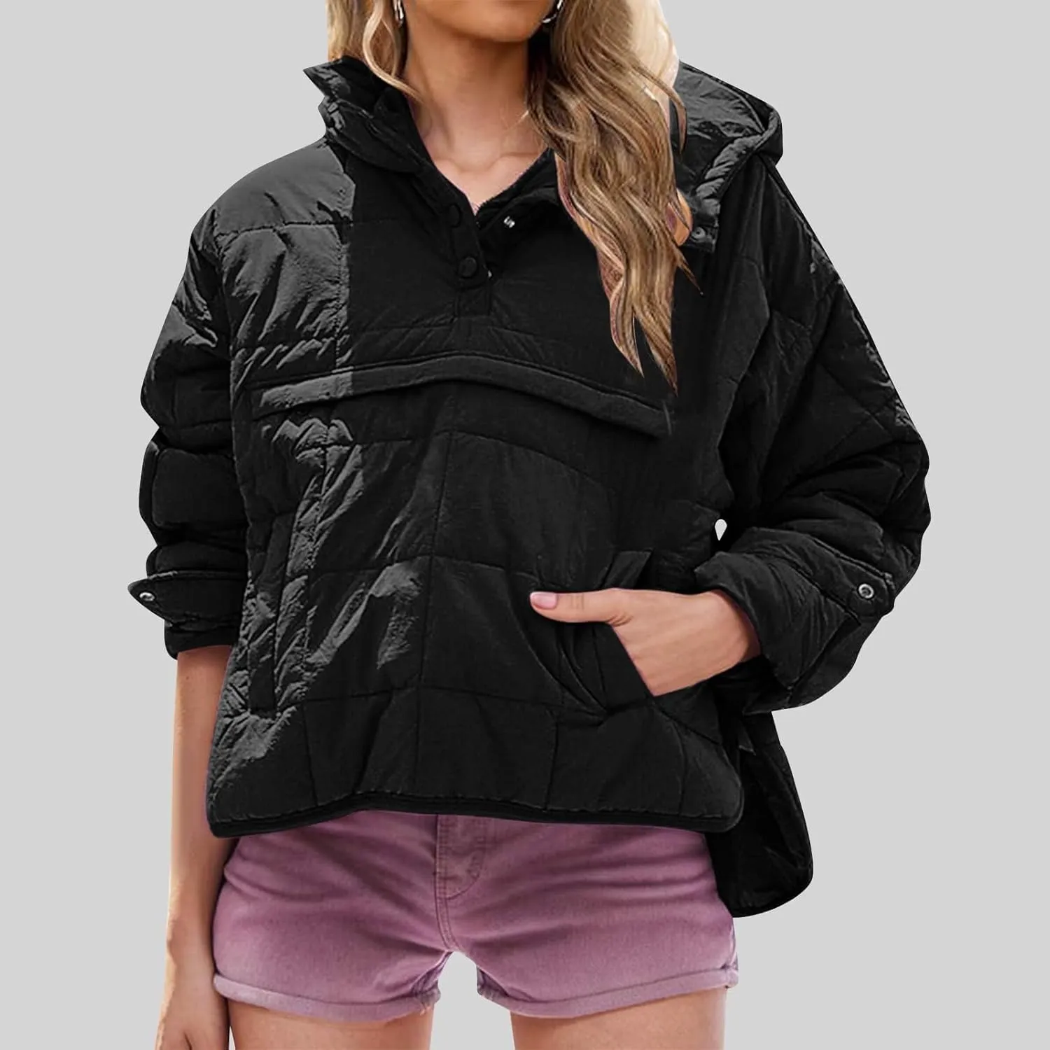Fall Jacket Women, Warm Down Pullover Casual Puffer Buttons Outerwear Long Sleeve Slim Outerwear with Pockets