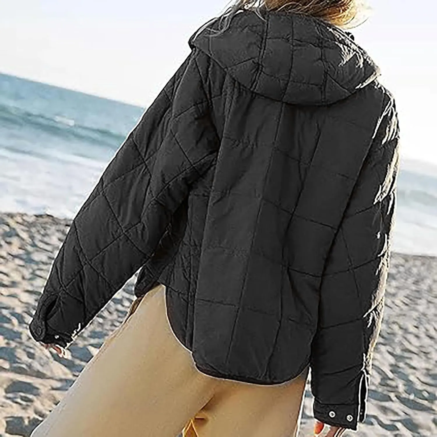 Fall Jacket Women, Warm Down Pullover Casual Puffer Buttons Outerwear Long Sleeve Slim Outerwear with Pockets