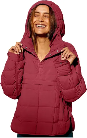 Fall Jacket Women, Warm Down Pullover Casual Puffer Buttons Outerwear Long Sleeve Slim Outerwear with Pockets