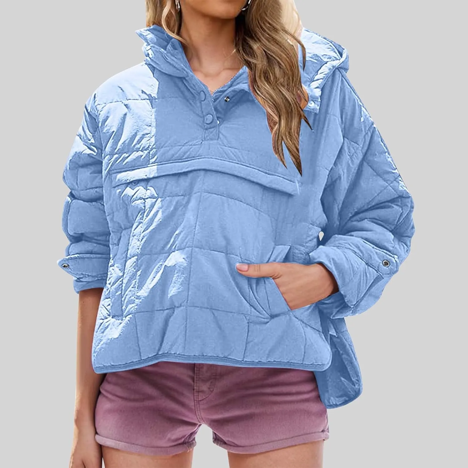 Fall Jacket Women, Warm Down Pullover Casual Puffer Buttons Outerwear Long Sleeve Slim Outerwear with Pockets
