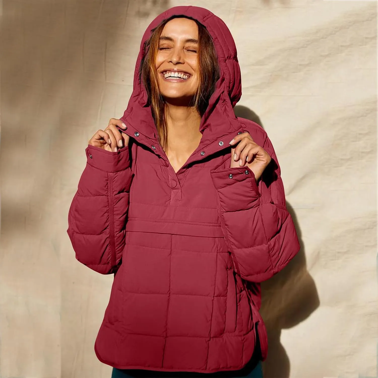Fall Jacket Women, Warm Down Pullover Casual Puffer Buttons Outerwear Long Sleeve Slim Outerwear with Pockets