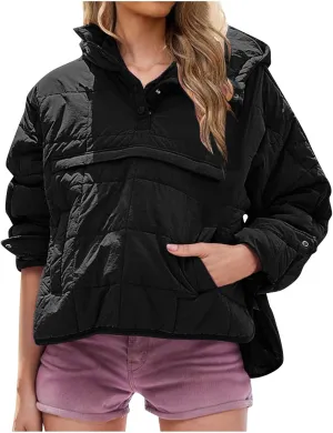 Fall Jacket Women, Warm Down Pullover Casual Puffer Buttons Outerwear Long Sleeve Slim Outerwear with Pockets