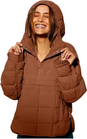 Fall Jacket Women, Warm Down Pullover Casual Puffer Buttons Outerwear Long Sleeve Slim Outerwear with Pockets