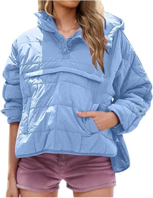 Fall Jacket Women, Warm Down Pullover Casual Puffer Buttons Outerwear Long Sleeve Slim Outerwear with Pockets