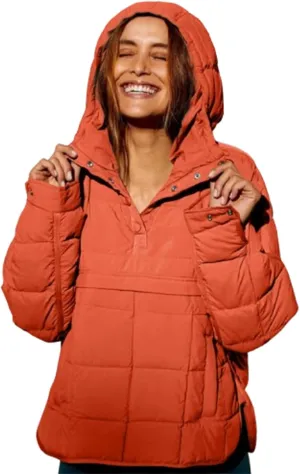 Fall Jacket Women, Warm Down Pullover Casual Puffer Buttons Outerwear Long Sleeve Slim Outerwear with Pockets