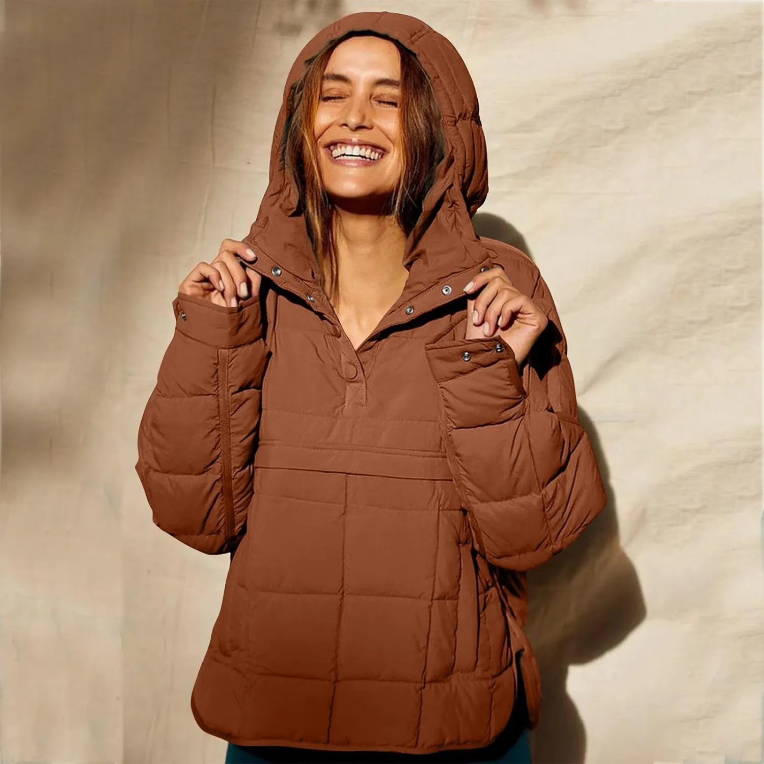 Fall Jacket Women, Warm Down Pullover Casual Puffer Buttons Outerwear Long Sleeve Slim Outerwear with Pockets