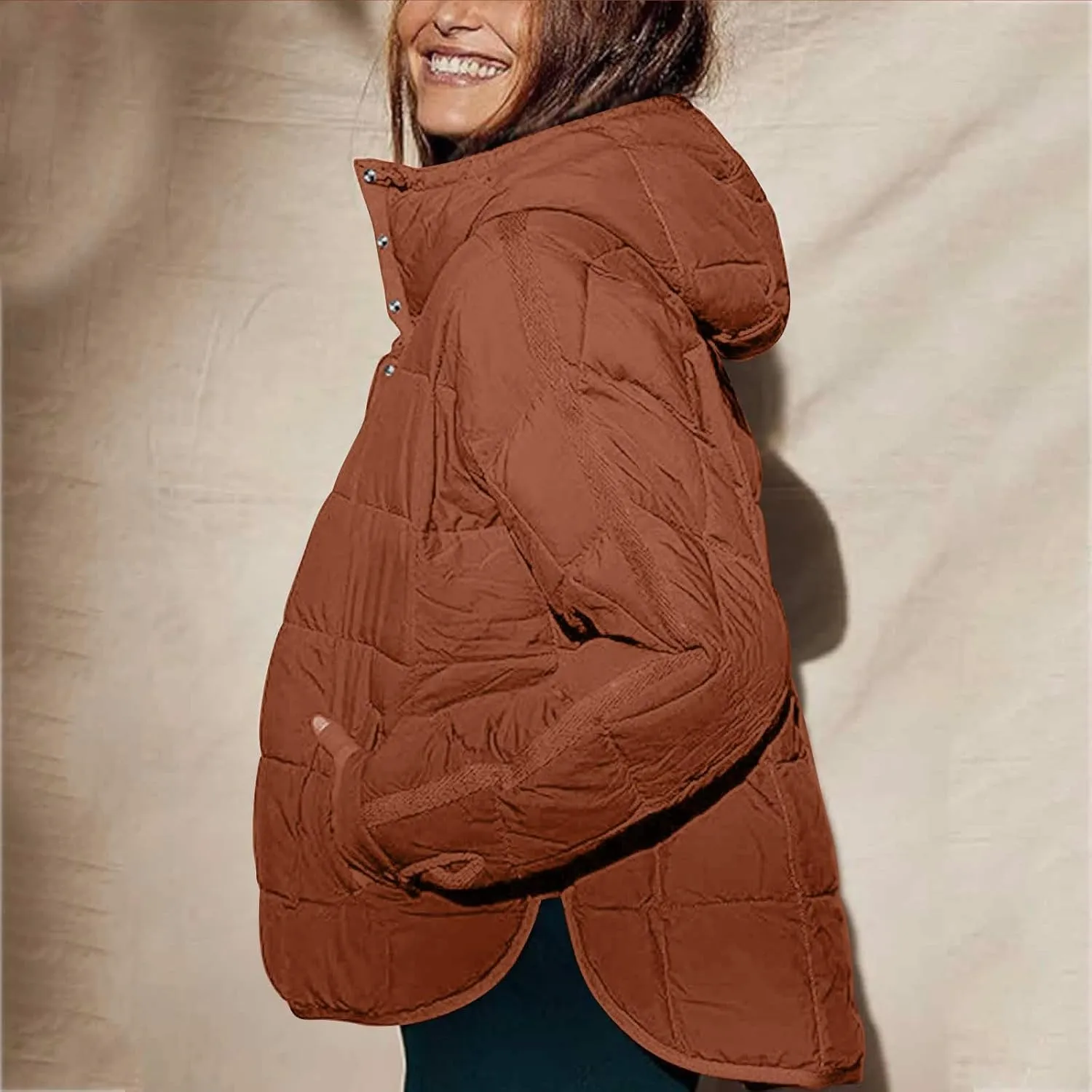 Fall Jacket Women, Warm Down Pullover Casual Puffer Buttons Outerwear Long Sleeve Slim Outerwear with Pockets