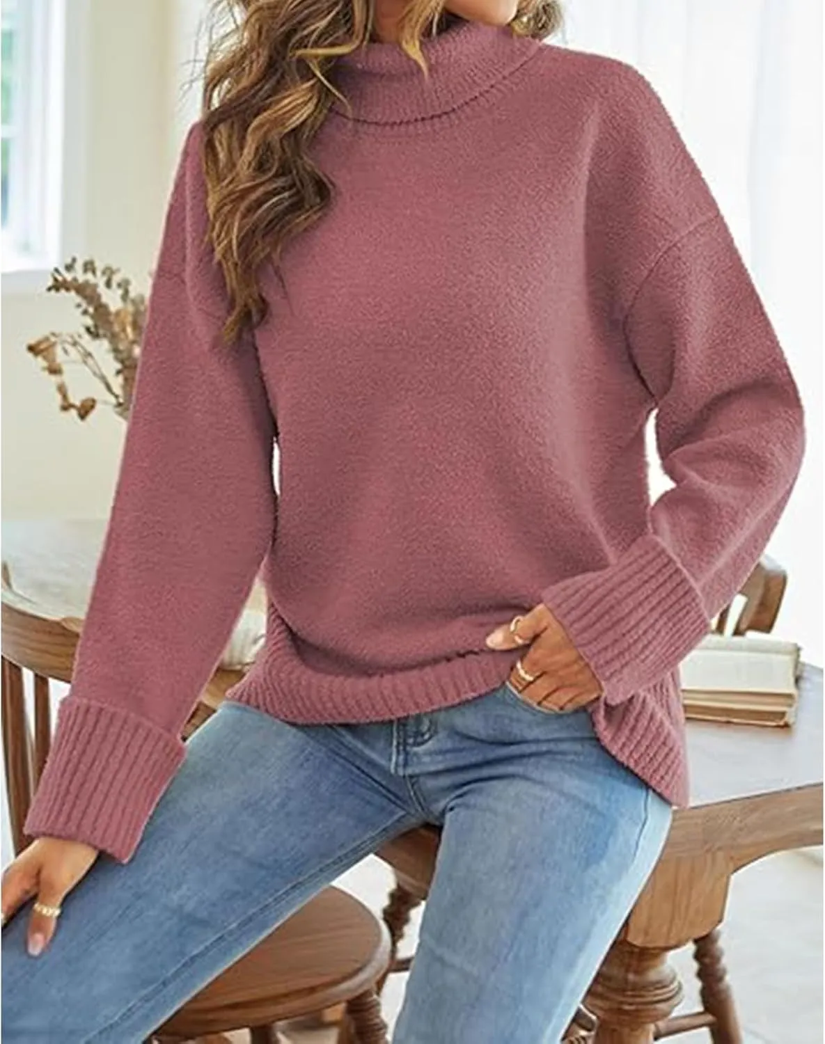 Fall Sweaters for Women 2024 Oversized Turtleneck Pullovers Fuzzy Knit Sweater Tops Loose Warm Tops Trendy Outfits