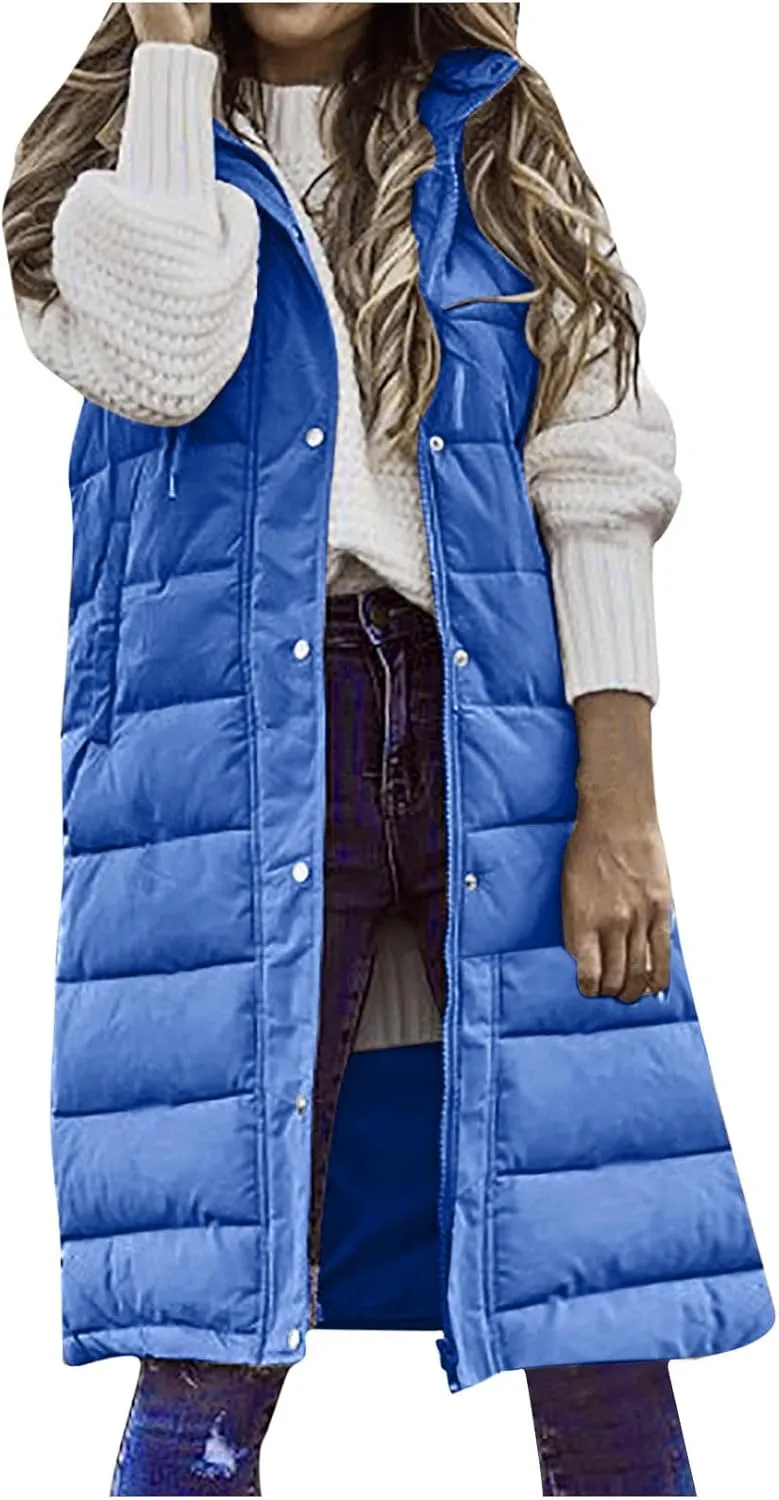 Fashion Sleeveless Puffer Jackets Solid Fall Winter Coats for Women Loose Outerwear Coat Tops Long Hooded Down Jacket