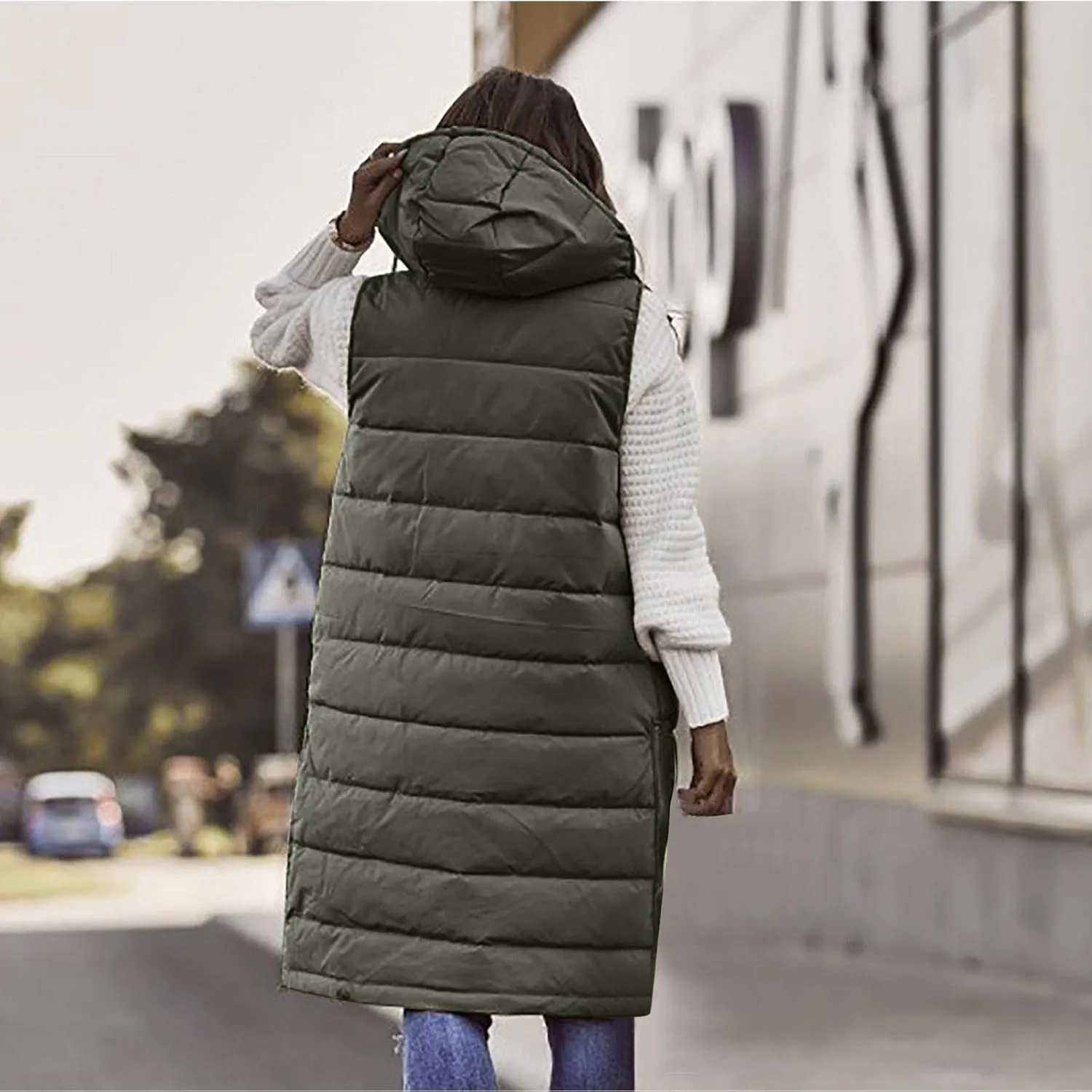 Fashion Sleeveless Puffer Jackets Solid Fall Winter Coats for Women Loose Outerwear Coat Tops Long Hooded Down Jacket