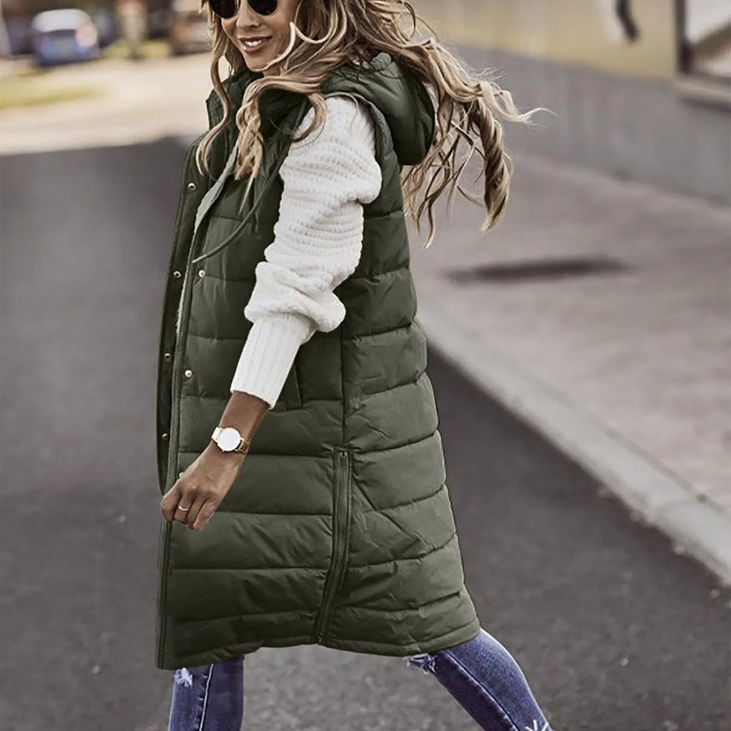Fashion Sleeveless Puffer Jackets Solid Fall Winter Coats for Women Loose Outerwear Coat Tops Long Hooded Down Jacket