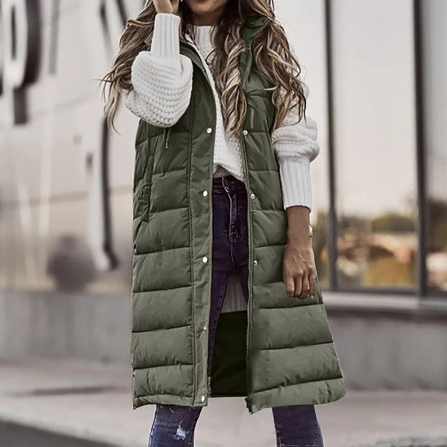 Fashion Sleeveless Puffer Jackets Solid Fall Winter Coats for Women Loose Outerwear Coat Tops Long Hooded Down Jacket