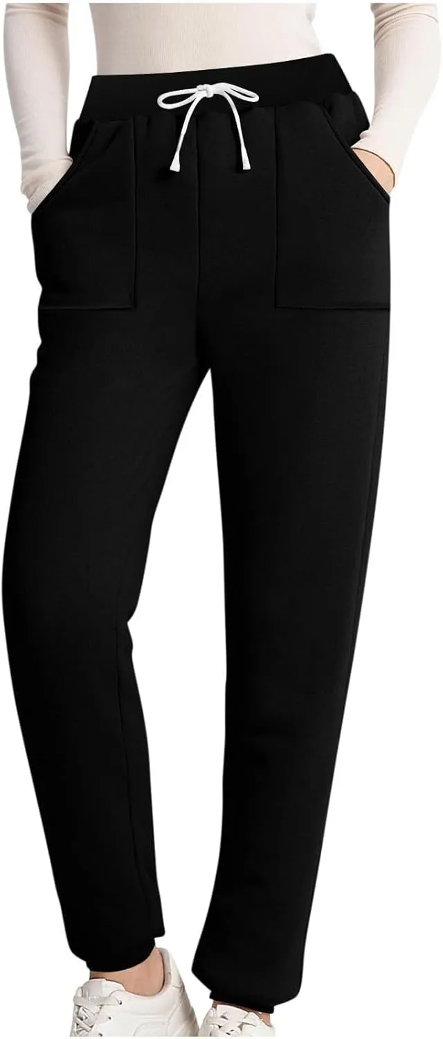 Fleece Lined Leggings Women Sherpa Drawstring Elastic Thermal Leggings Plus Size Trendy Winter Joggers with Pockets