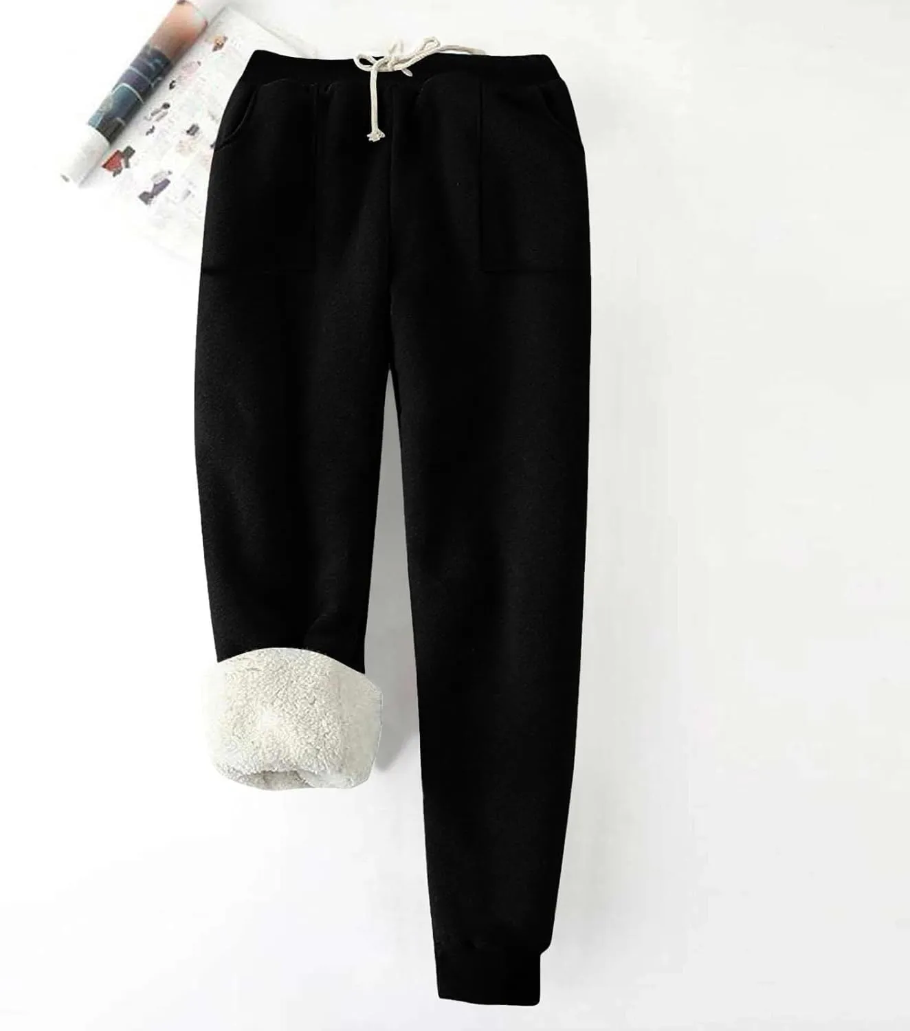 Fleece Lined Leggings Women Sherpa Drawstring Elastic Thermal Leggings Plus Size Trendy Winter Joggers with Pockets
