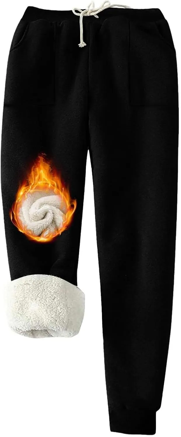Fleece Lined Leggings Women Sherpa Drawstring Elastic Thermal Leggings Plus Size Trendy Winter Joggers with Pockets