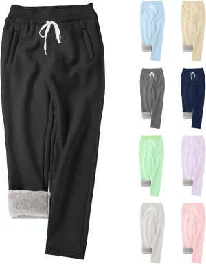 Fleece Lined Leggings Women Sherpa Drawstring Elastic Thermal Leggings Plus Size Trendy Winter Joggers with Pockets