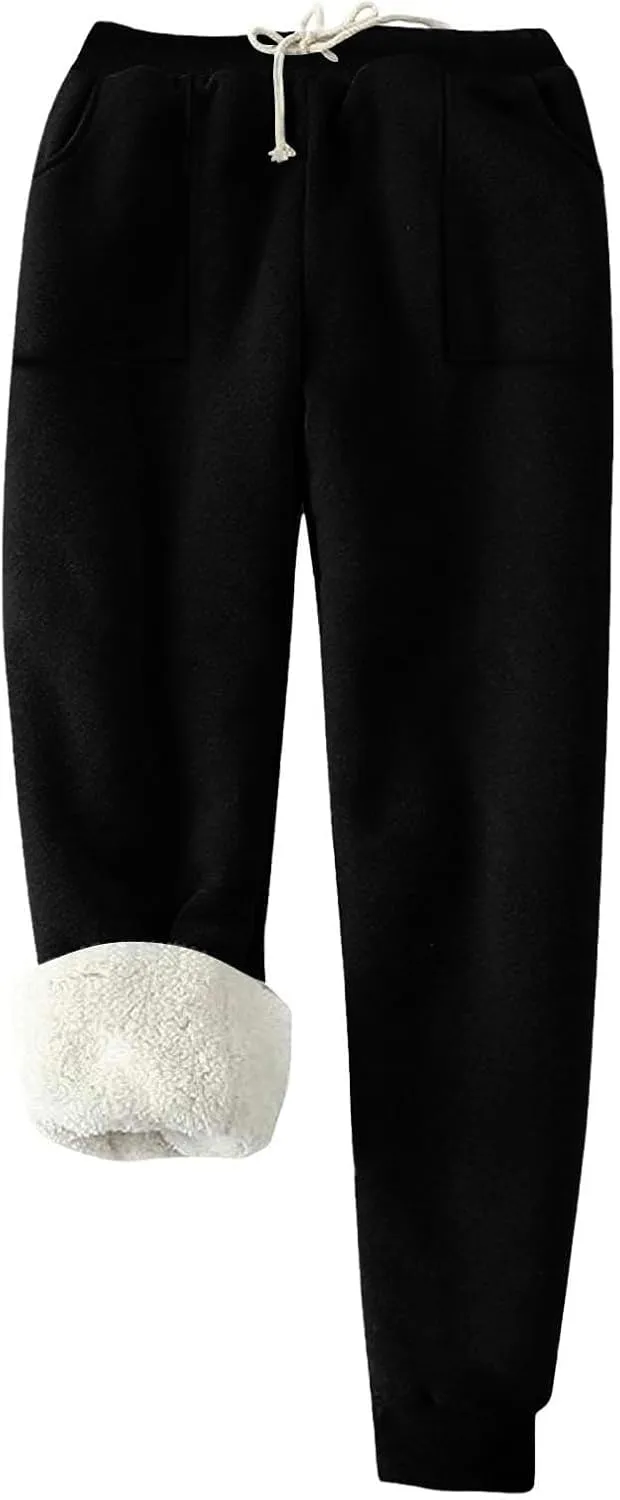 Fleece Lined Leggings Women Sherpa Drawstring Elastic Thermal Leggings Plus Size Trendy Winter Joggers with Pockets