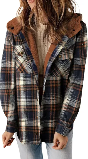 Fleece Plaid Coat for Women Button Down Long Sleeve Hooded Shacket Jacket Casual Plush Warm Coat with Pocket