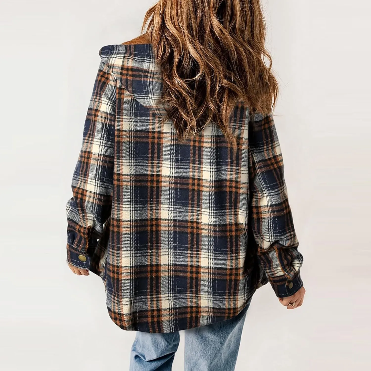 Fleece Plaid Coat for Women Button Down Long Sleeve Hooded Shacket Jacket Casual Plush Warm Coat with Pocket